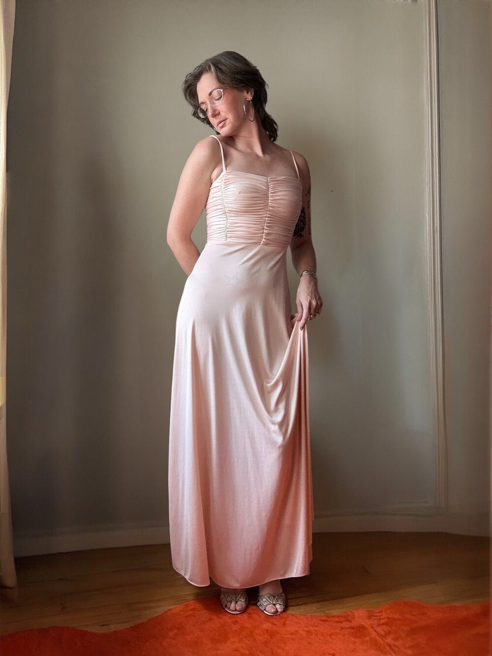 Vintage 70s Pink Maxi Dress | Ruched Bodice Spaghetti Strap Grecian Gown | M